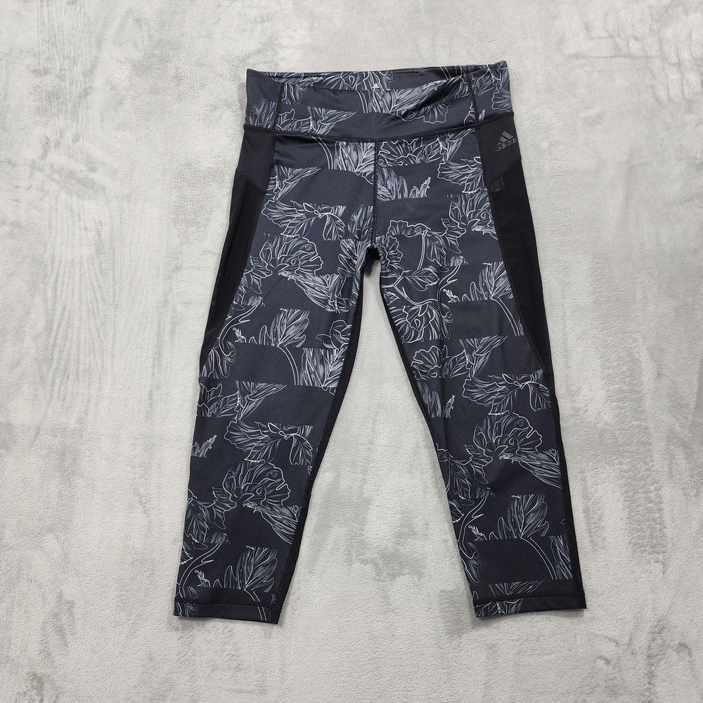 Adidas Capri Leggings Womens L Black Climalite High‎ Rise Floral Mesh Yoga Gym